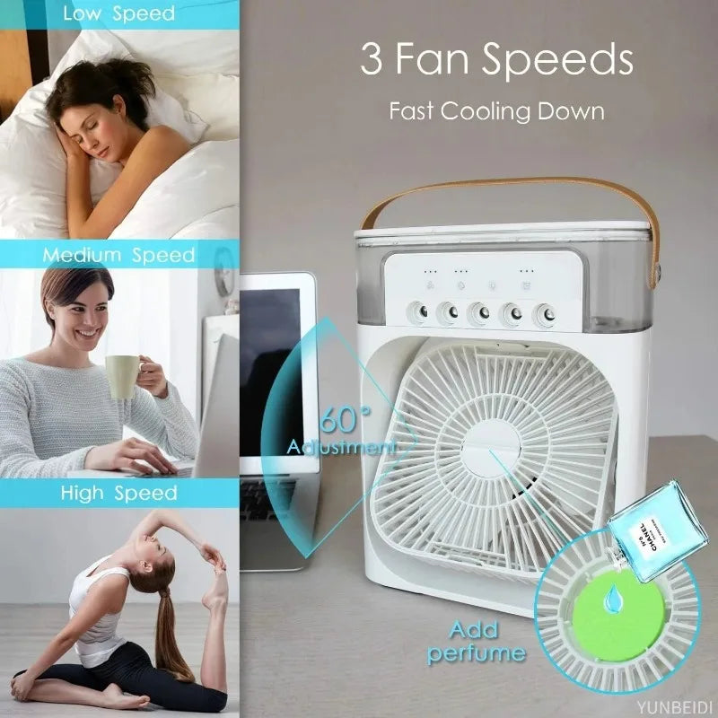 Portable 3-In-One Air Conditioner Fan with LED Light Humidifier and Timing Function for Home Office Desktop Spray Fan