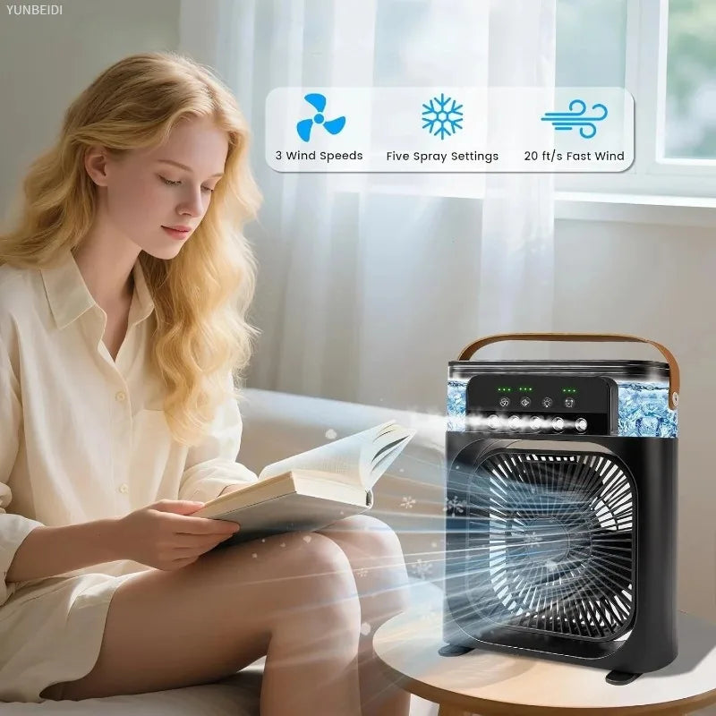 Portable 3-In-One Air Conditioner Fan with LED Light Humidifier and Timing Function for Home Office Desktop Spray Fan