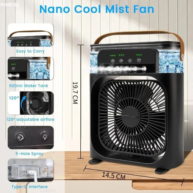 Portable 3-In-One Air Conditioner Fan with LED Light Humidifier and Timing Function for Home Office Desktop Spray Fan
